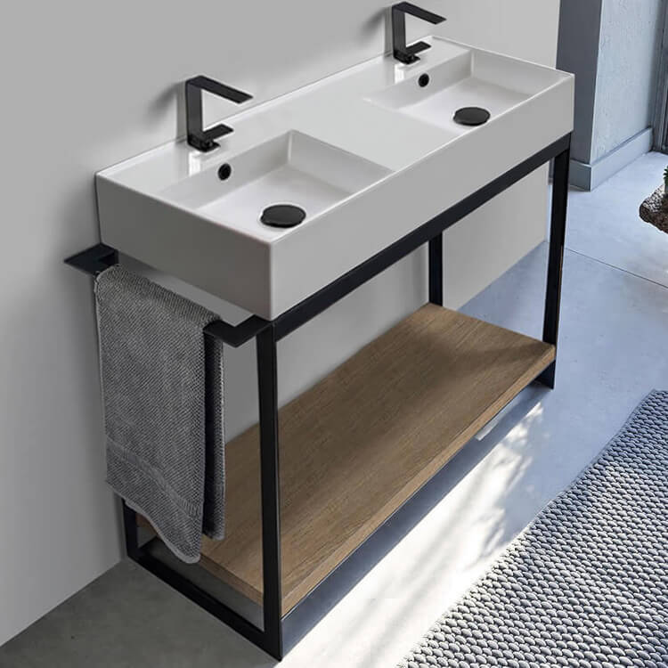 Console Bathroom Vanity, Scarabeo 5142-SOL2-89, Console Sink Vanity With Double Ceramic Sink and Natural Brown Oak Shelf